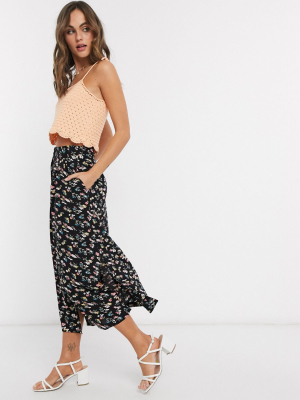 Asos Design Button Front Midi Skirt In Black Floral Print