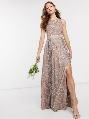 Maya Bridesmaid Allover Contrast Tonal Delicate Sequin Dress With Satin Waist In Taupe Blush