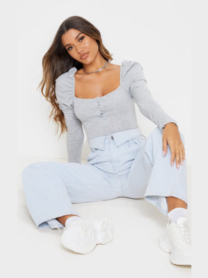 Grey Rib Puff Long Sleeve Bodysuit