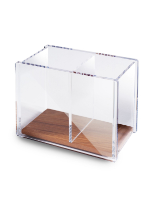 Zodaca Divided Clear Acrylic Wood Base Pen Holder