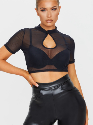 Black Mesh Key Hole Short Sleeve Crop Top