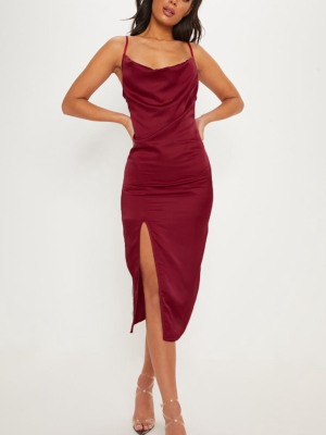 Burgundy Strappy Satin Cowl Midi Dress