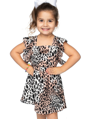 Buddylove Shiloh Girl's Flutter Sleeve Dress - Cheetah