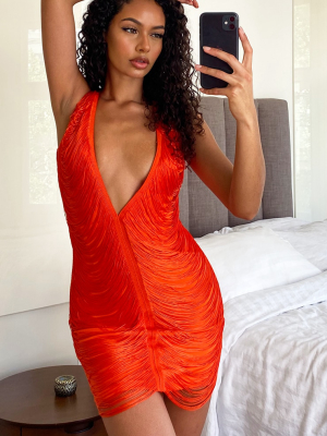 Hot Orange Extreme Plunge Tassel Bodycon Dress