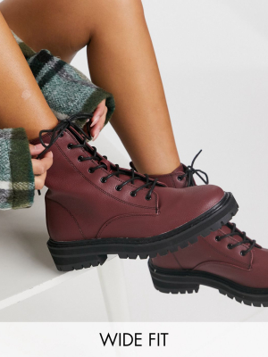 Raid Wide Fit Exclusive Vinita Flat Chunky Lace-up Ankle Boots In Burgundy