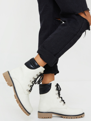 White Suede Contrast Pu Back Eyelet Lace Up Boots