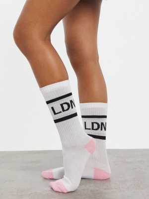 Asos Design Calf Length Socks With Ldn Slogan