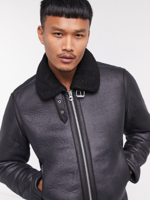 Jack & Jones Originals Shearling Aviator In Black