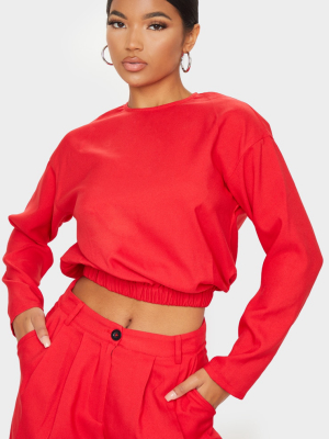 Red Woven Elastic Hem Cropped Long Sleeve Top