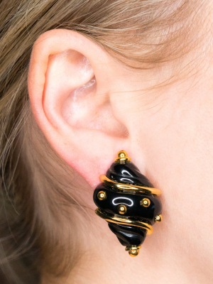 Black Small Shell With Gold Dots Clip Earrings