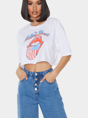 White Rolling Stones Printed Crop T Shirt