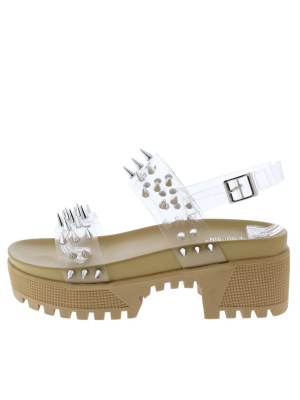 Dominica Clear Spike Stud Slingback Chunky Lug Sandal