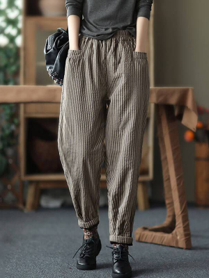 Plus Size - Winter Pocket Retro Striped Pants