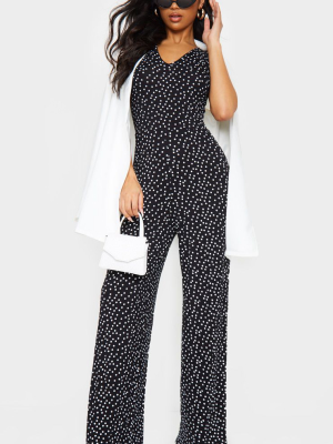 Black Polka Dot Wide Leg Jersey Jumpsuit