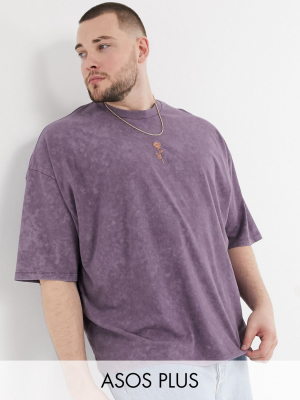 Asos Design Plus Oversized T-shirt With Acid Wash And Rose Embroidery In Purple