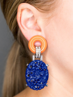 Coral Top Carved Lapis Drop Deco Clip Earrings