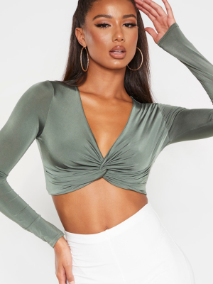 Khaki Slinky Twist Front Long Sleeve Crop Top