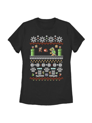 Women's Nintendo Ugly Christmas Mario And Bowser T-shirt