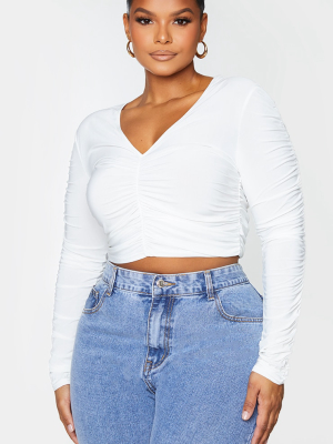 Plus Cream Ruched Slinky Long Sleeve Top