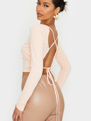 Nude Long Sleeve Loop Lace Up Back Crop Top