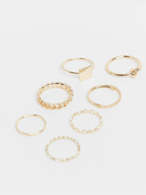 Asos Design Pack Of 7 Rings In Mixed Designs In Gold Tone