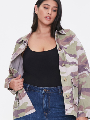 Plus Size Camo Print Twill Jacket