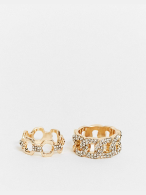 Asos Design Pack Of 2 Rings In Crystal Chain Designs In Gold Tone