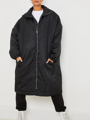 Black Nylon Drop Arm Maxi Puffer Jacket