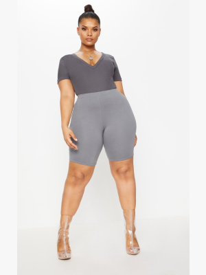 Plus Charcoal Ribbed Plunge Short Sleeve Bodysuit