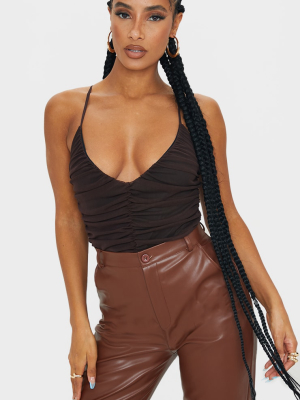 Chocolate Mesh Plunge Ruched Strappy Bodysuit