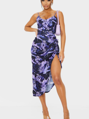 Lilac Dragon Print Ruched Tie Side Midi Skirt