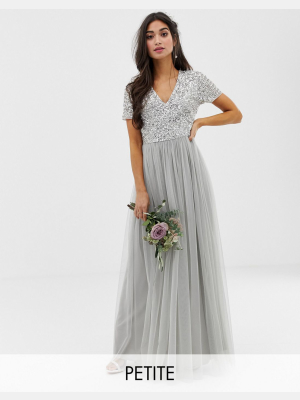 Maya Petite Bridesmaid V Neck Maxi Tulle Dress With Tonal Delicate Sequins In Silver