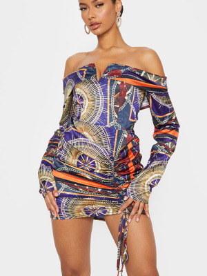 Multi Chain Print Satin V Bar Bardot Bodycon Dress