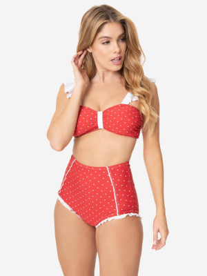 Unique Vintage Red & White Pin Dot Ruffle Crystal Cove Bandeau Bikini Top