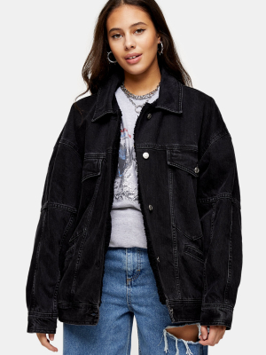 Petite Washed Black Denim Oversized Borg Lined Jacket