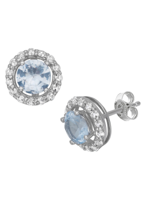 6mm Round-cut Aquamarine Halo Earrings In Sterling Silver