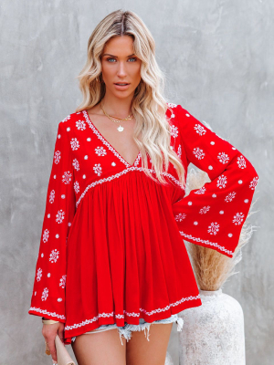 Roses And More Embroidered Tunic - Red - Final Sale