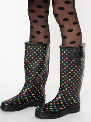 Black & Rainbow Polka Dots Rubber Rain Boots
