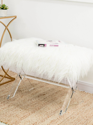 26" Faux Fur Upholstered Bench With Acrylic X Leg White - Glitzhome