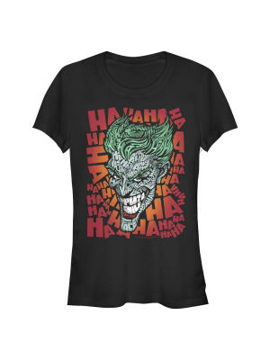 Junior's Batman Joker Laugh Background Text T-shirt