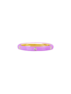 3 Diamond Lavender Enamel Stack Ring - Yellow Gold