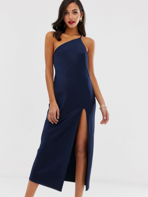 Asos Design One Shoulder Midaxi Dress In Satin With Drape Back In Navy