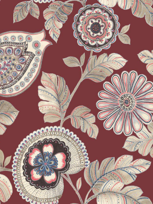 Calypso Paisley Leaf Wallpaper In Cabernet And Coral From The Boho Rhapsody Collection By Seabrook Wallcoverings