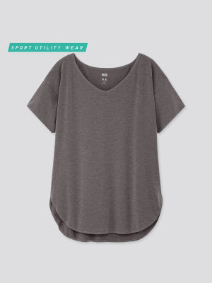 Women Airism V-neck Short-sleeve Long T-shirt