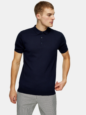 Considered Navy Button Through Knitted Polo