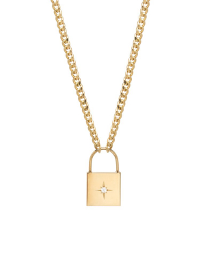 14k Large Padlock Necklace With Star Set Diamond On Curb Chain