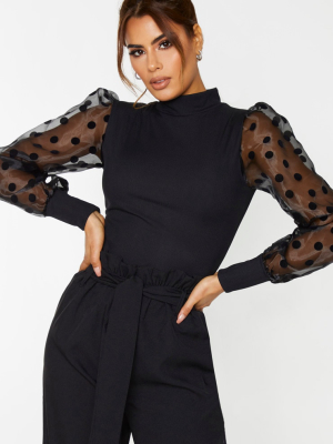 Tall Black Rib High Neck Sheer Polka Dot Puff...