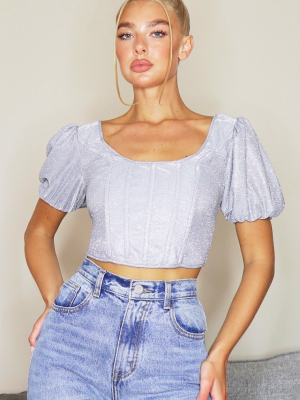 Silver Glitter Puff Sleeve Crop Top