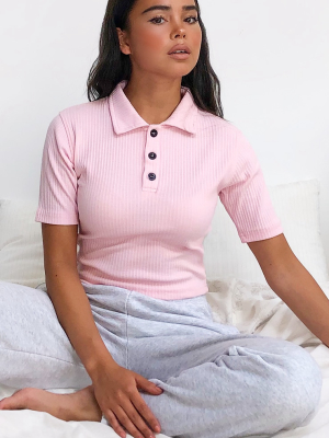 Baby Pink Structured Rib Polo Top
