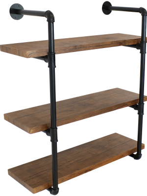 3-tier Industrial Pipe Wall-mounted Floating Shelf - Teak Veneer - Sunnydaze Decor